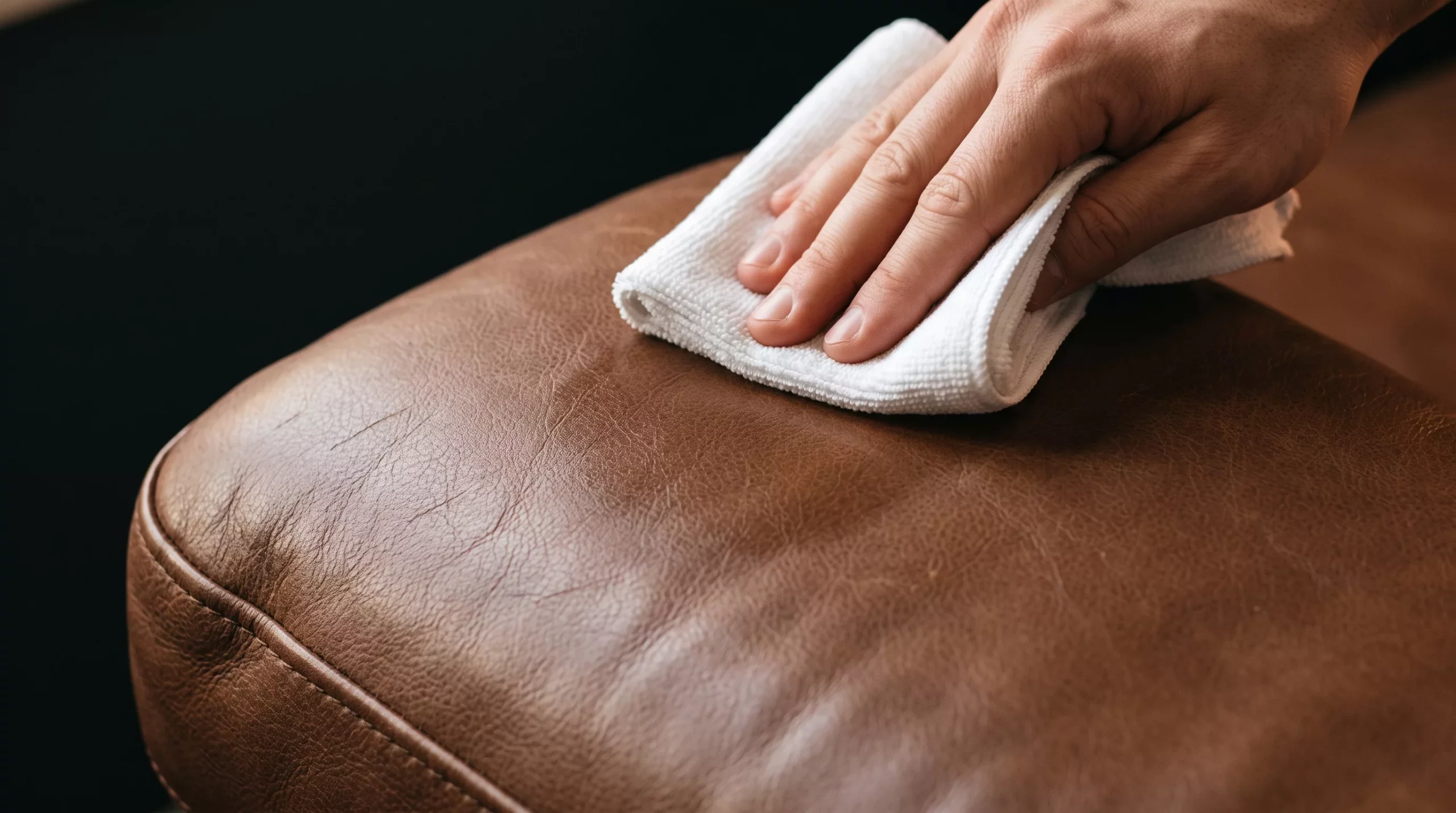Cleaning a leather recliner by hand with a soft cloth