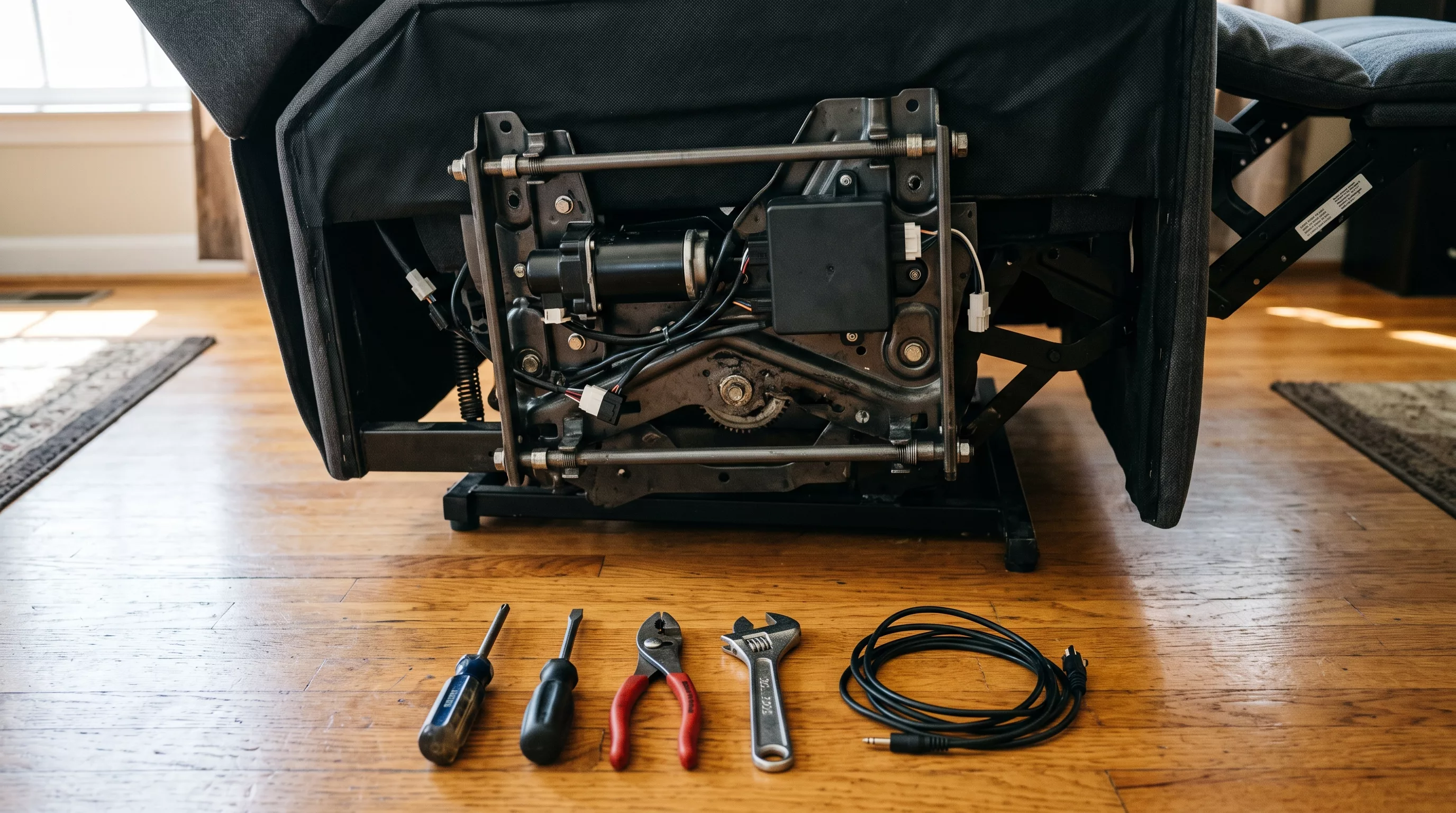 Repair tools beside an electric recliner mechanism for a technician repair