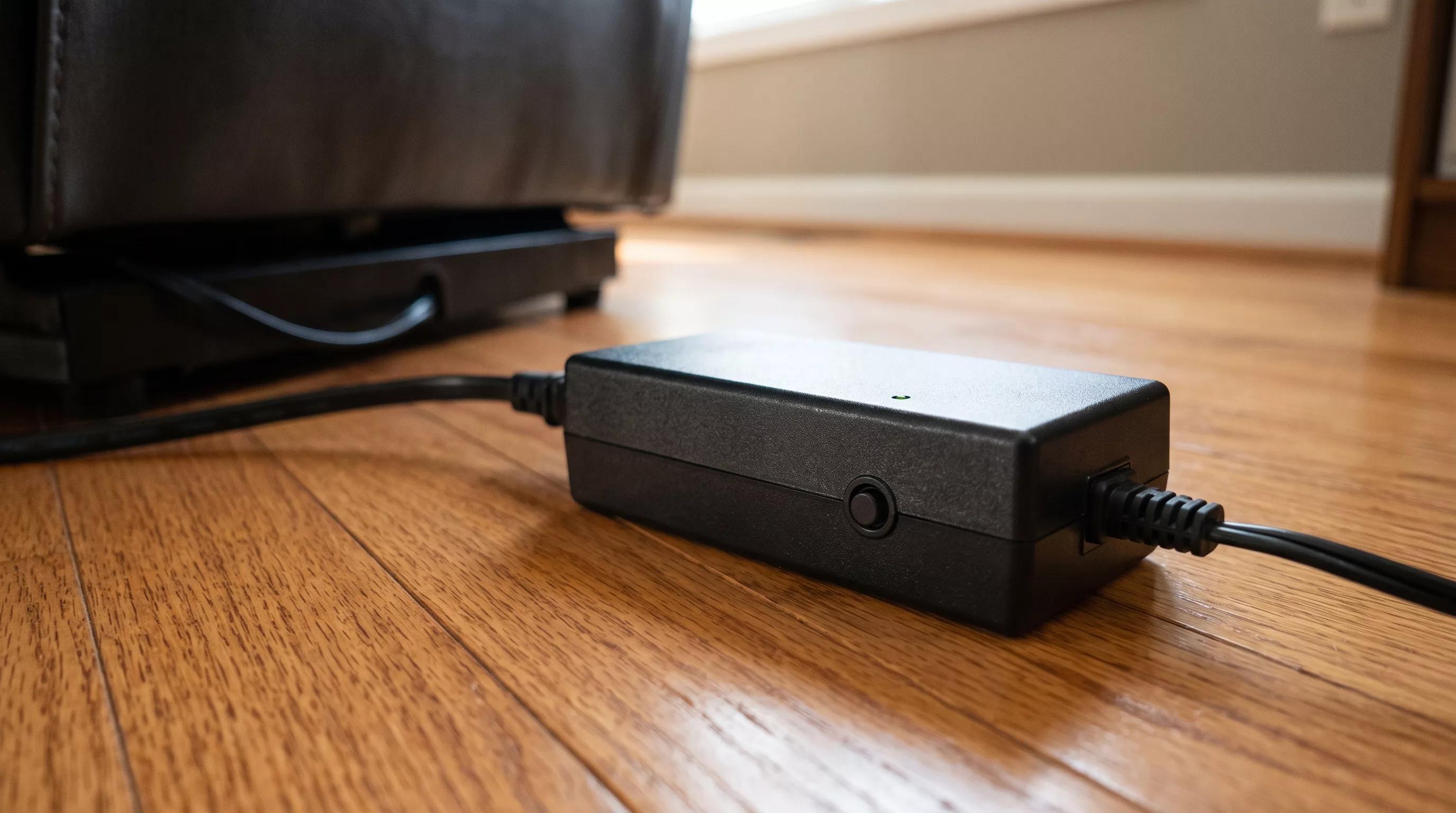 Electric recliner power supply and transformer on the floor showing the reset situation