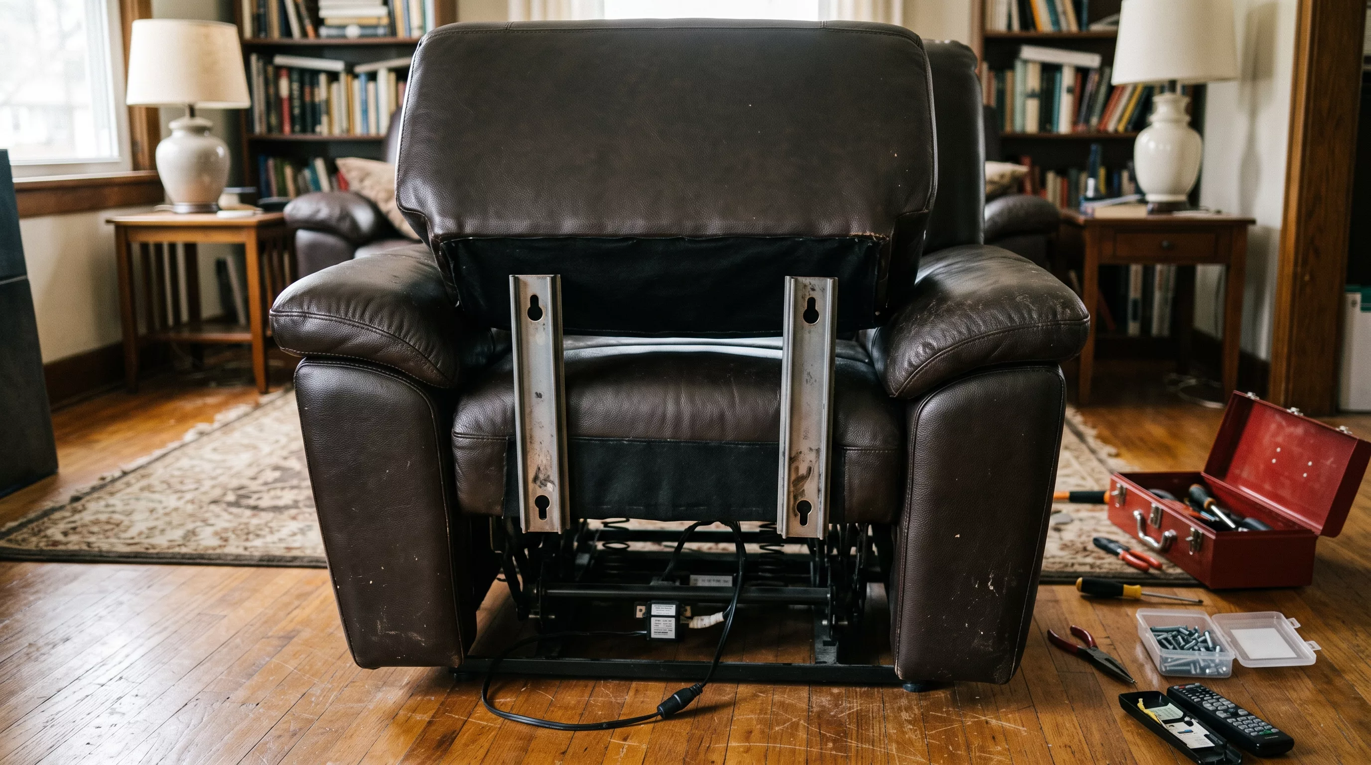 How to disassemble a recliner by releasing the back off its brackets