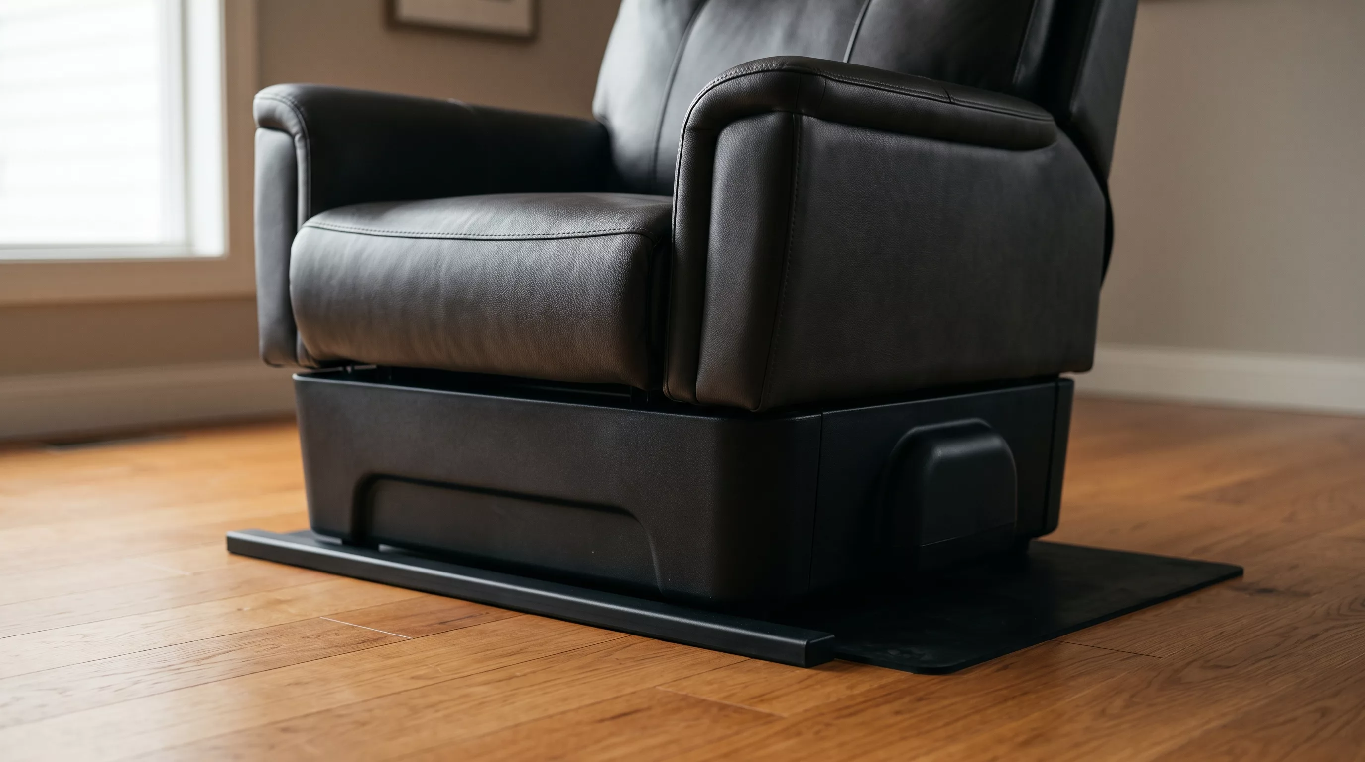 Preventing a power recliner from sliding with rails and a mat
