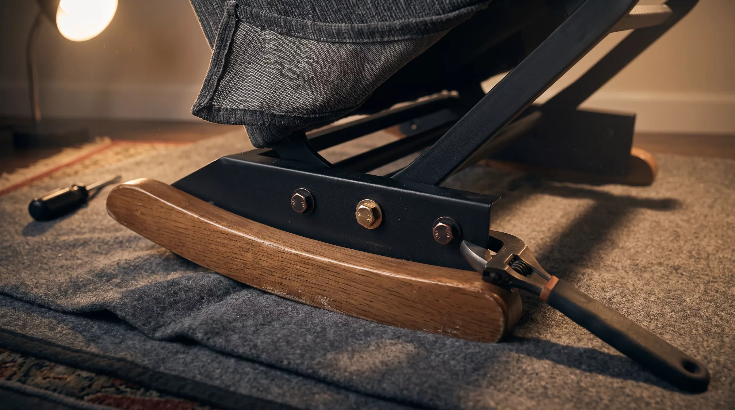 Inspecting the base of a rocker recliner to stop it rocking