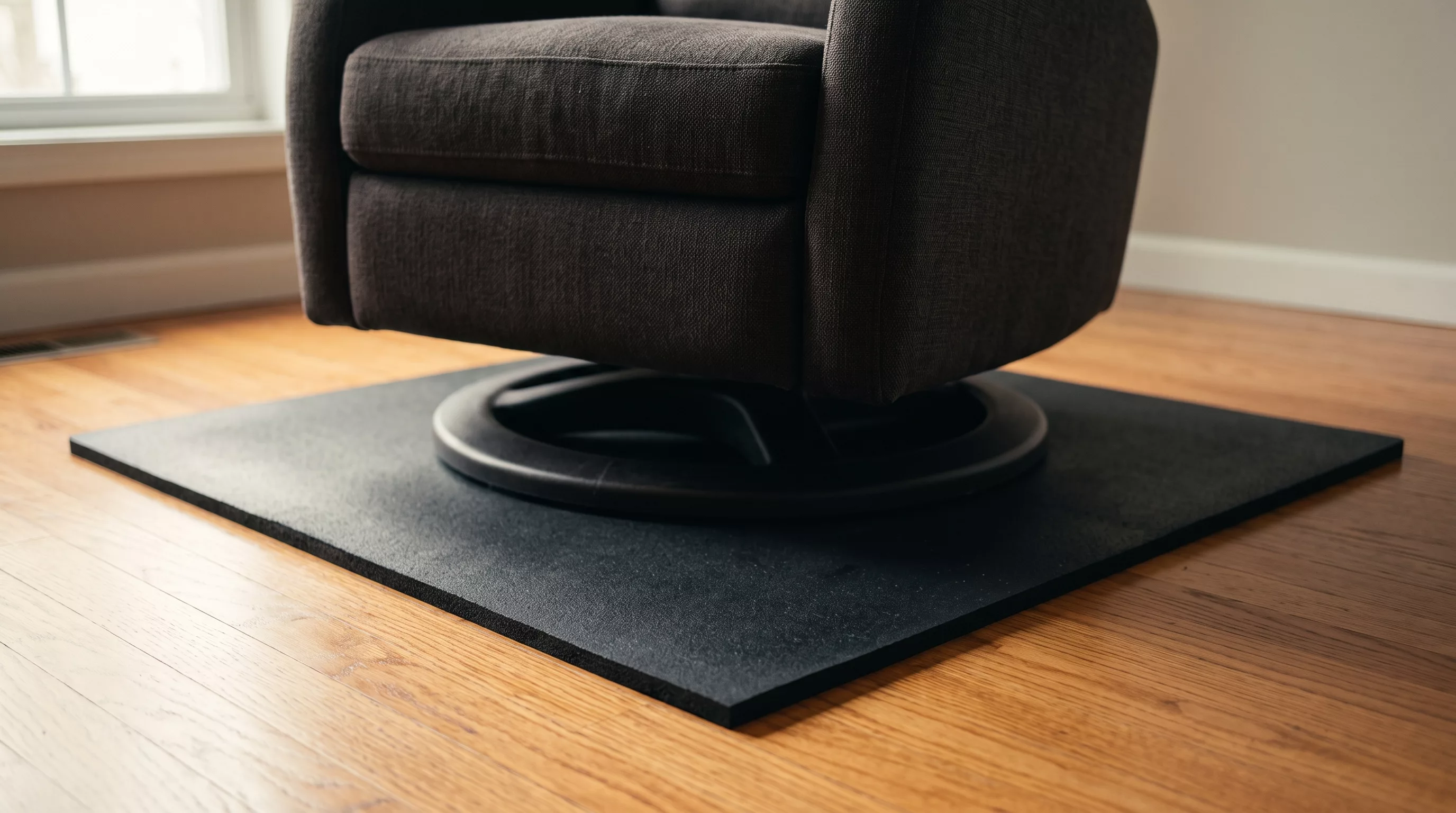 Rubber rug pad under a recliner base on a hardwood floor