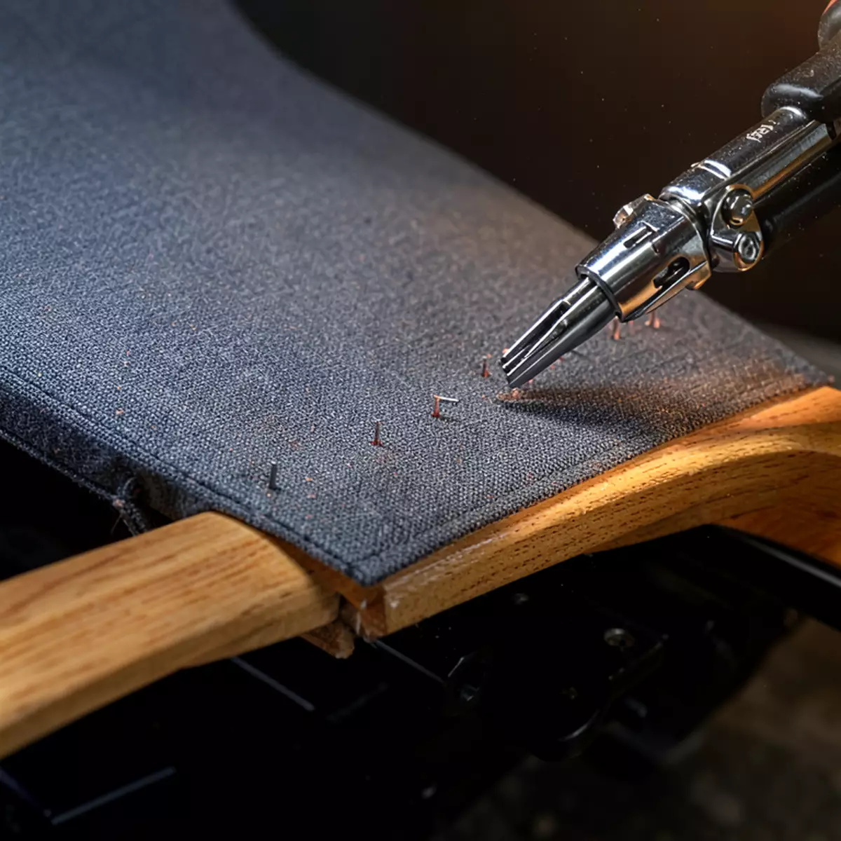 stapling new upholstery back onto a recliner frame