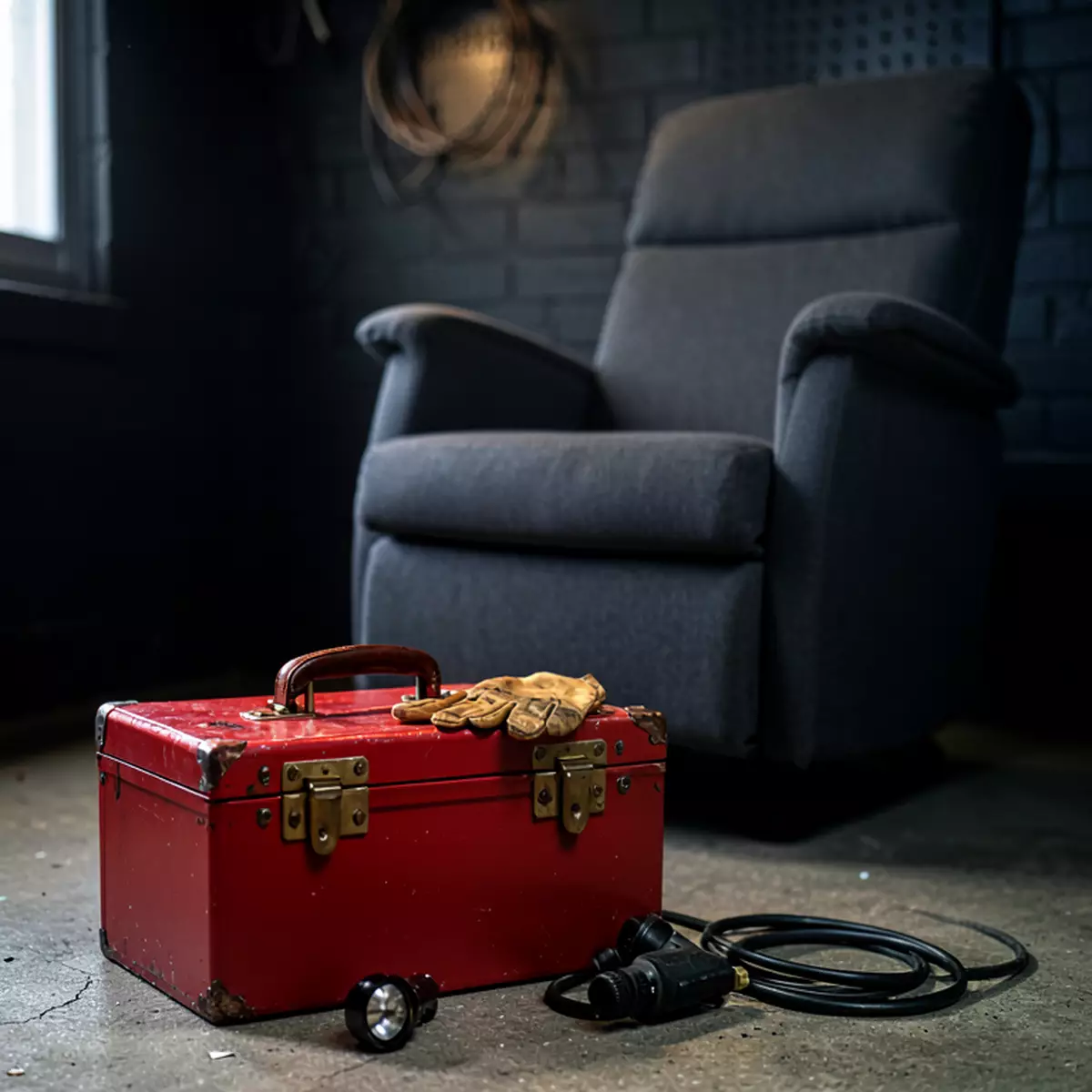 recliner repair service counter with toolbox and work order