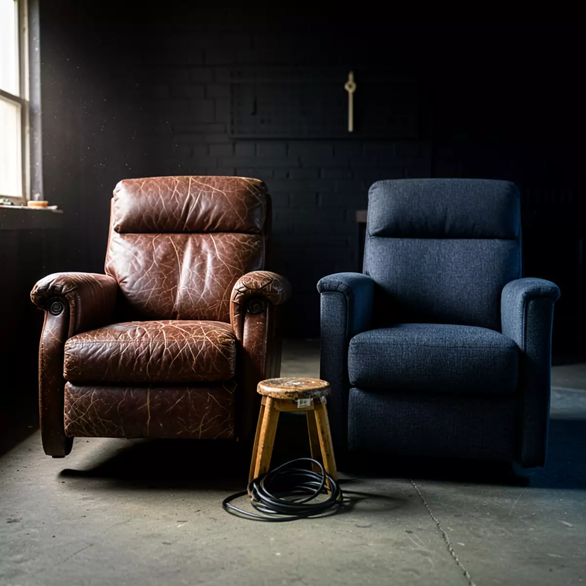 worn recliner next to a sturdy recliner in a workshop