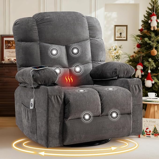 KMKMSL Oversized Massage Swivel Recliner with Lumbar Heating and Cup Holders