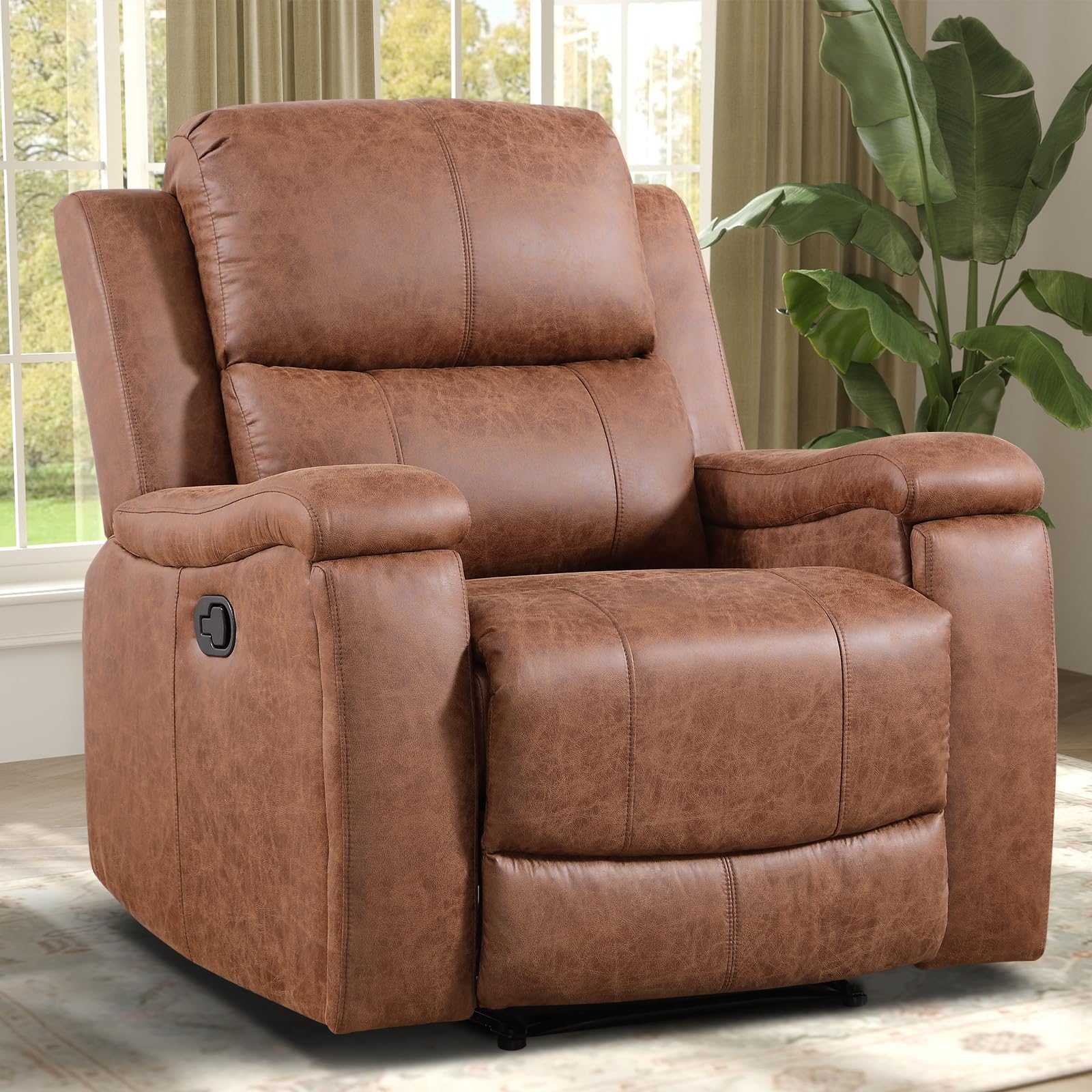 IOMOR manual leather recliner with hidden cup holders in the armrests in brown