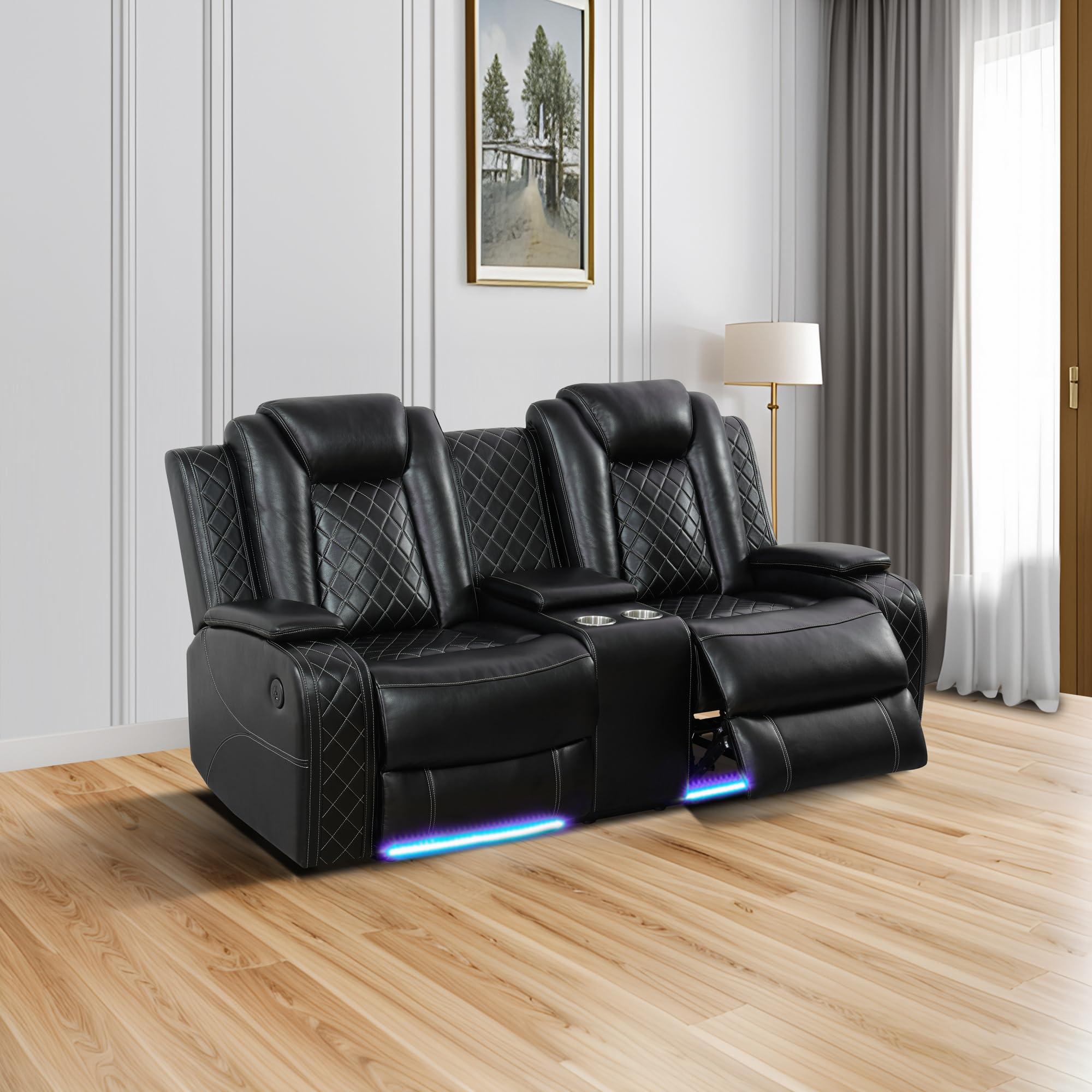 RWSEFK dual power loveseat recliner with cup holders, USB-C charging, and LED lights for two