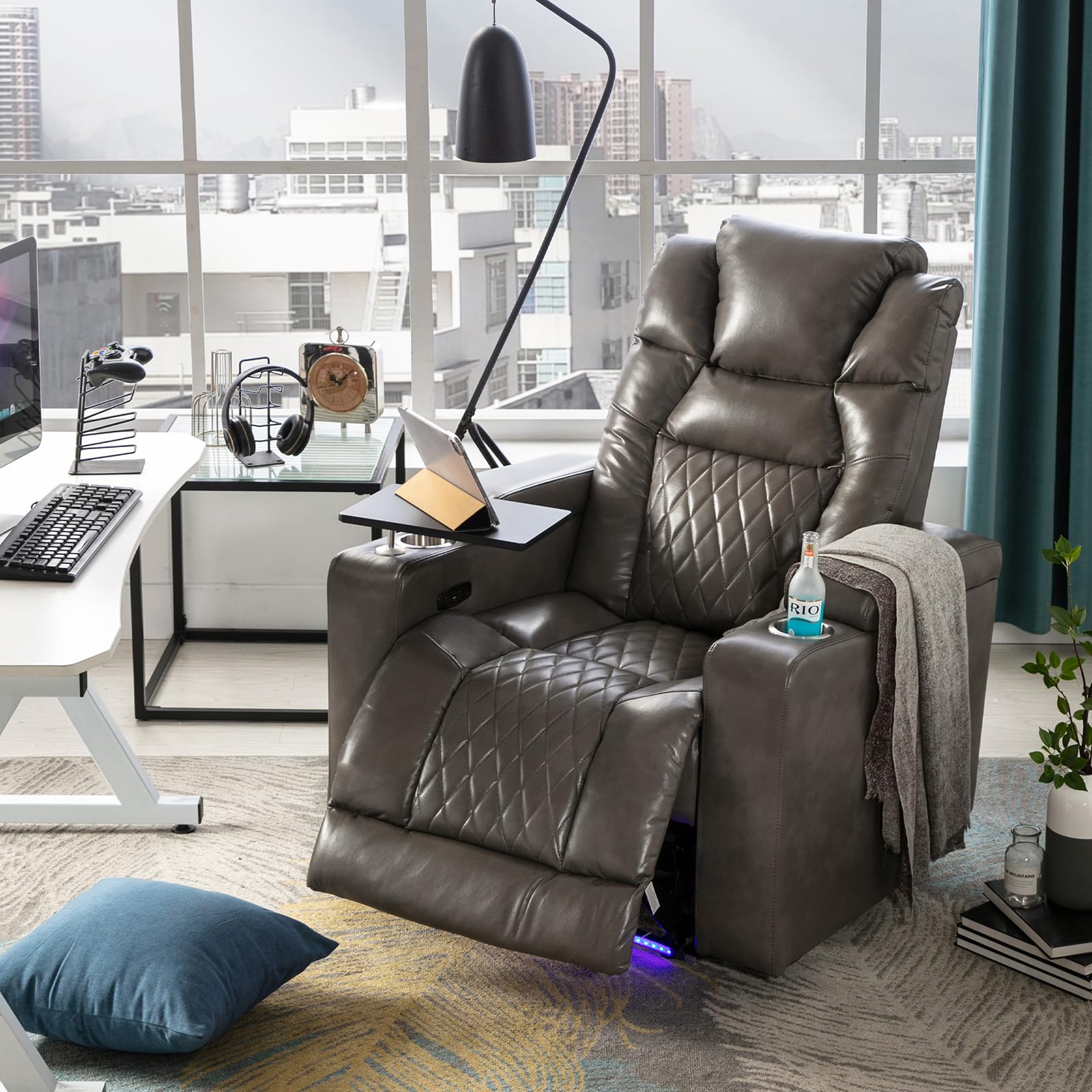 Xeuemtey power recliner with LED lighting, cup holders, and a 360 degree swivel tray table