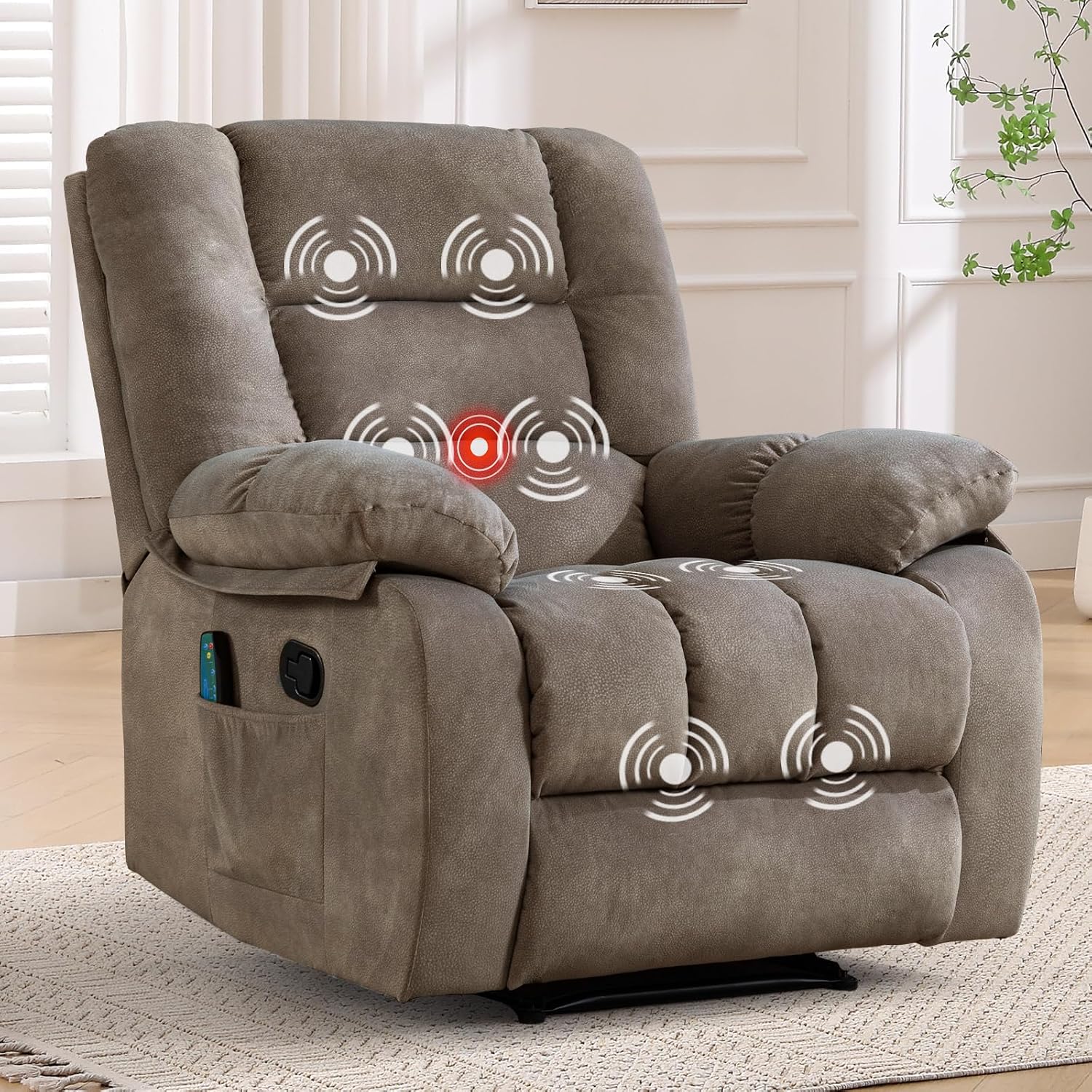 ANJ oversized manual massage recliner chair in brown fabric with heat and vibration