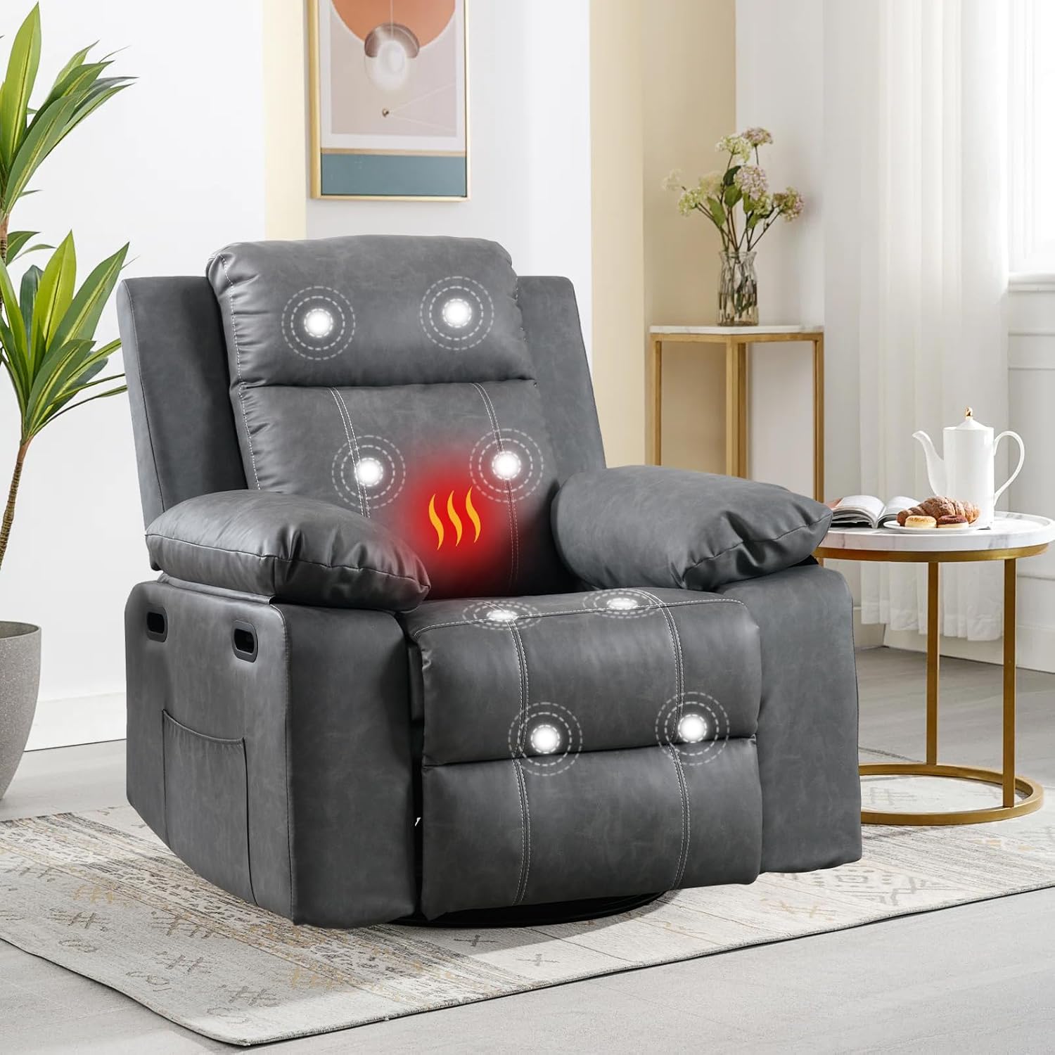 JEEOHEY grey PU leather 360 degree swivel rocker massage recliner with heat and vibration