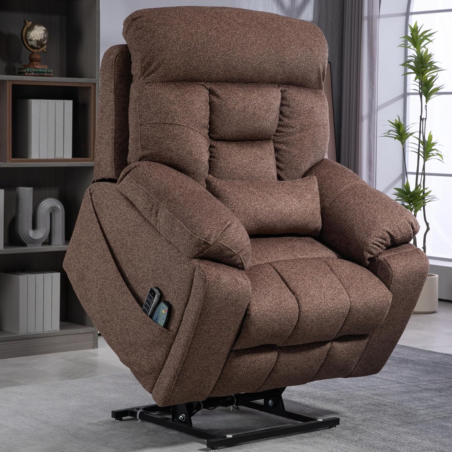 JIKFRIMA four motor lay flat power lift recliner in brown velvet with adjustable head and lumbar support