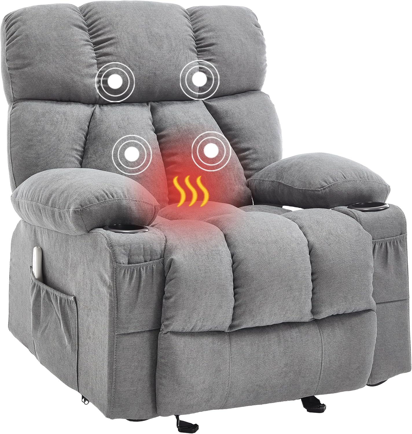 jonpony grey fabric massage rocker recliner with heat, vibration, USB port and cup holders