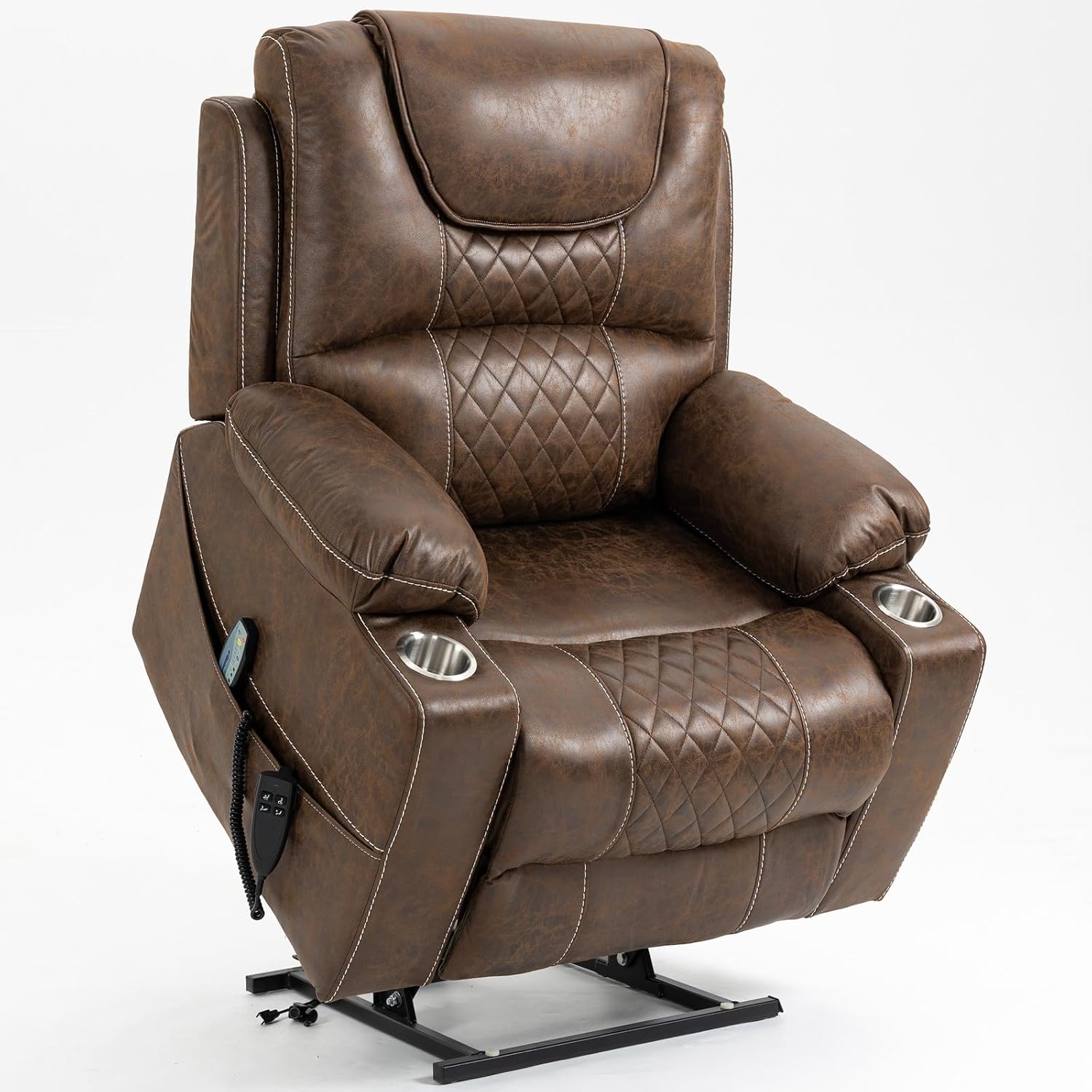 LITVZ 180-degree lay flat power lift recliner in brown faux leather with cup holders