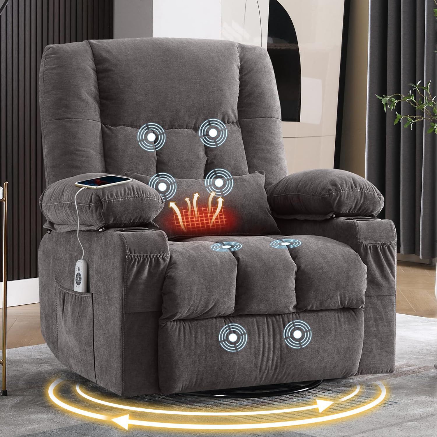 MAHOMICO oversized fabric massage swivel recliner with lumbar heat, cup holders and USB port