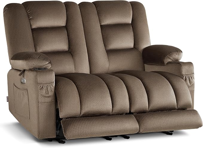MCombo 56-inch brown fabric power reclining loveseat with heat and vibration massage