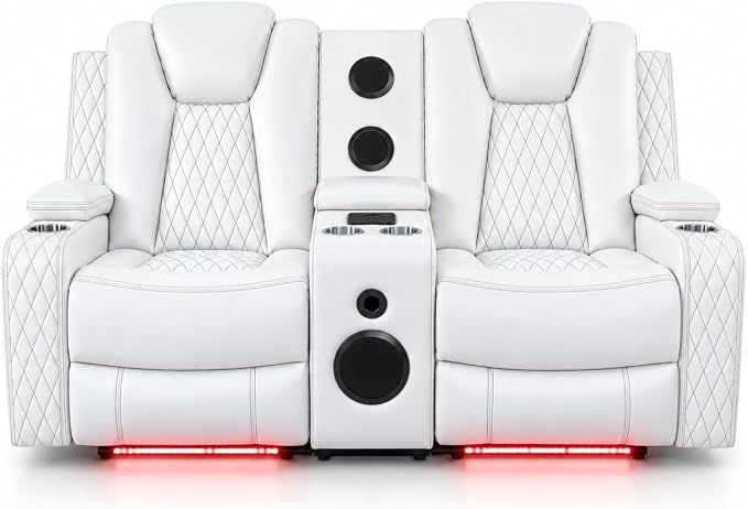 Naomi Home Chicago white air leather power reclining loveseat with built-in speakers and LED lighting